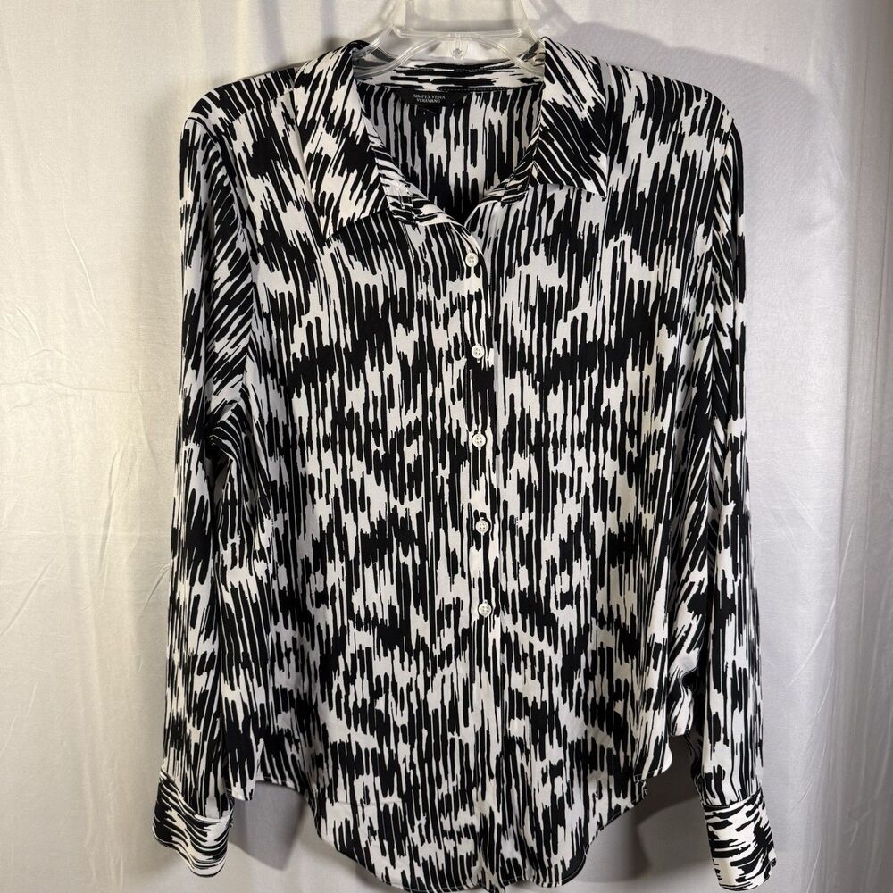Simply Vera Vera Wang Women’s Blouse Large Black White Print Long Sleeve Button